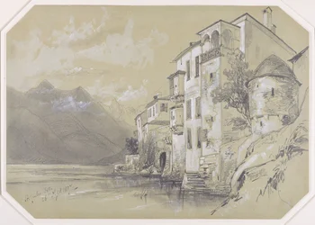 St. Giulio, Orta, 26. september 1837, 1837 (grafit med stub og hvid gouache på brunt vævet papir)